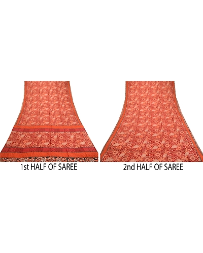 Sanskriti Vintage Sarees Dark Red Pure Silk Printed Sari Soft 5Yd Craft Fabric, PR-60961-Dark Red-Printed Floral Design-Pure Silk-4