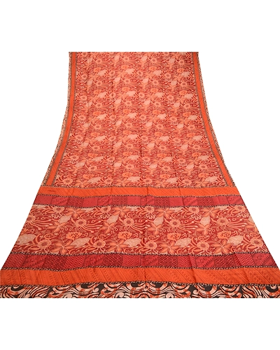 Sanskriti Vintage Sarees Dark Red Pure Silk Printed Sari Soft 5Yd Craft Fabric, PR-60961-Dark Red-Printed Floral Design-Pure Silk-7