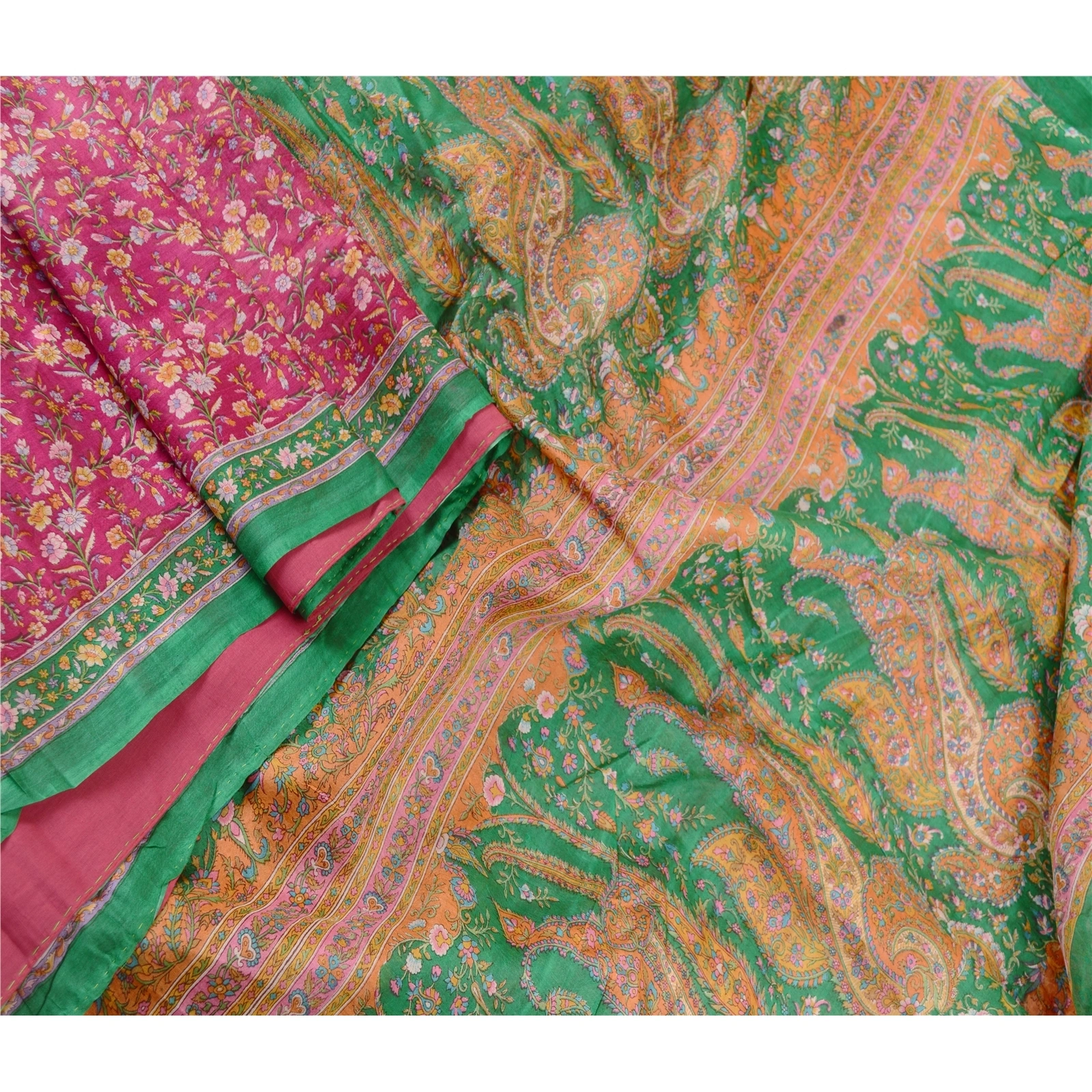 Sanskriti Vintage Sarees Hot Pink 100% Pure Silk Printed Sari Soft Craft Fabric, PR-60967-Hot-Pink-Printed Floral Design-Pure Silk-2