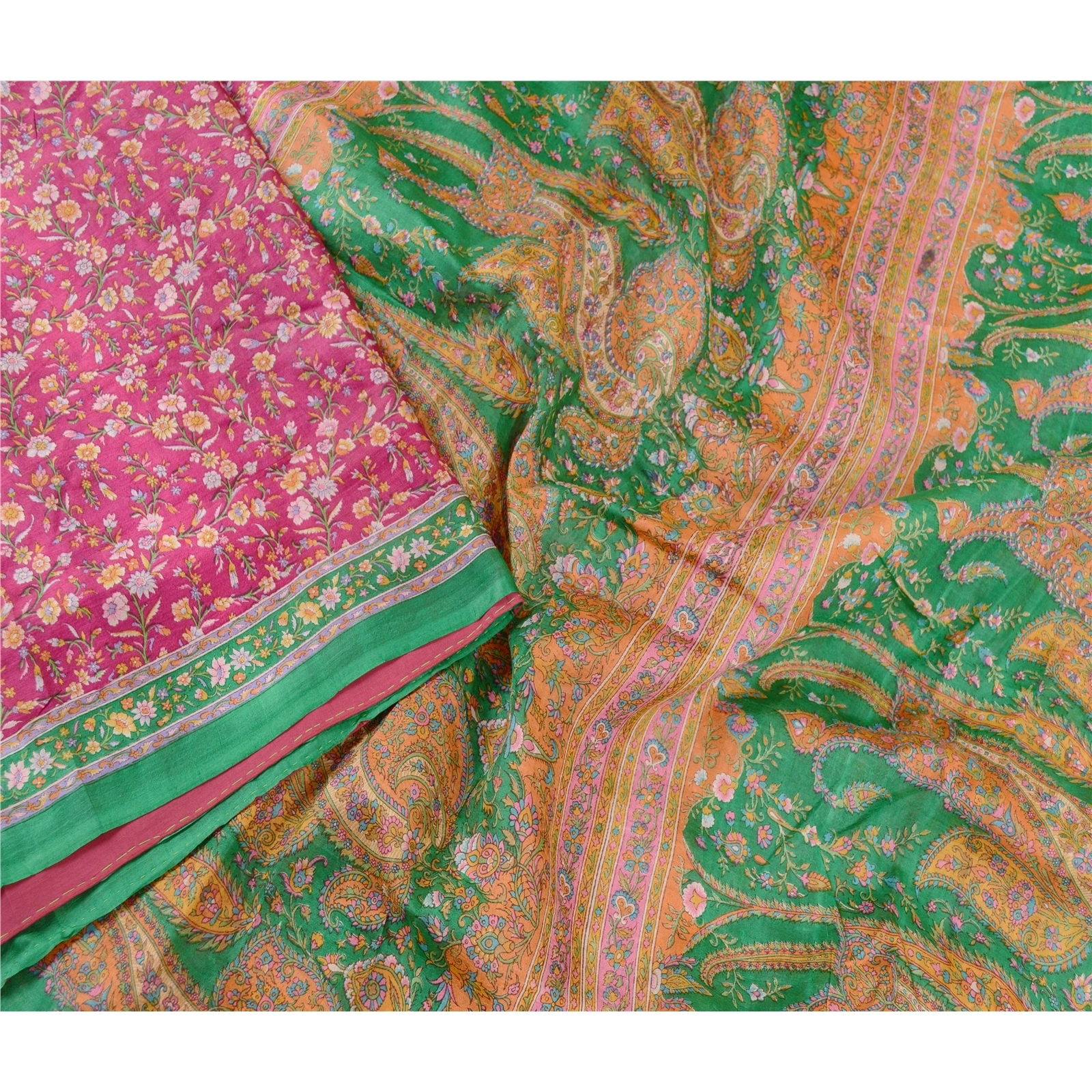 Sanskriti Vintage Sarees Hot Pink 100% Pure Silk Printed Sari Soft Craft Fabric, PR-60967-Hot-Pink-Printed Floral Design-Pure Silk-3