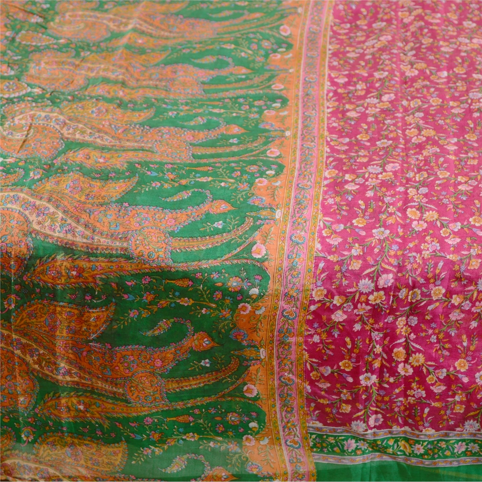 Sanskriti Vintage Sarees Hot Pink 100% Pure Silk Printed Sari Soft Craft Fabric, PR-60967-Hot-Pink-Printed Floral Design-Pure Silk-4