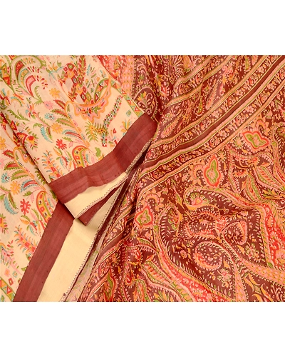 Sanskriti Vintage Sarees Cream 100% Pure Silk Printed Sari Soft 5Yd Craft Fabric, PR-60969-Cream-Printed Floral Design-Pure Silk-1