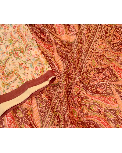 Sanskriti Vintage Sarees Cream 100% Pure Silk Printed Sari Soft 5Yd Craft Fabric, PR-60969-Cream-Printed Floral Design-Pure Silk-2