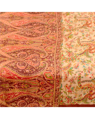 Sanskriti Vintage Sarees Cream 100% Pure Silk Printed Sari Soft 5Yd Craft Fabric, PR-60969-Cream-Printed Floral Design-Pure Silk-3
