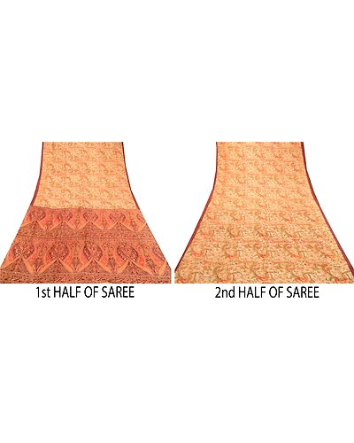 Sanskriti Vintage Sarees Cream 100% Pure Silk Printed Sari Soft 5Yd Craft Fabric, PR-60969-Cream-Printed Floral Design-Pure Silk-4