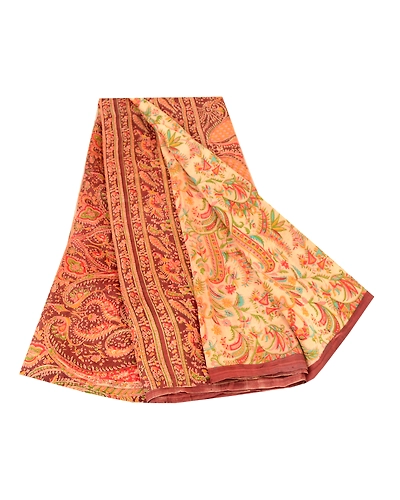 Sanskriti Vintage Sarees Cream 100% Pure Silk Printed Sari Soft 5Yd Craft Fabric, PR-60969-Cream-Printed Floral Design-Pure Silk-6