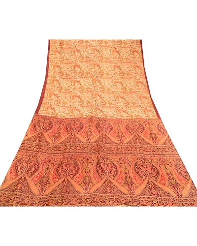 Sanskriti Vintage Sarees Cream 100% Pure Silk Printed Sari Soft 5Yd Craft Fabric, PR-60969-Cream-Printed Floral Design-Pure Silk-7