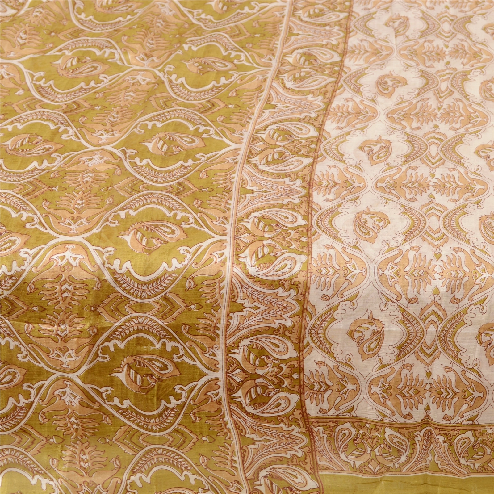 Sanskriti Vintage Sarees Ivory 100% Pure Silk Printed Sari Floral Craft Fabric, PR-60974-Ivory-Printed Floral Design-Pure Silk-3