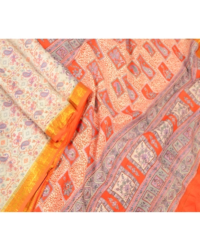 Sanskriti Vintage Sarees Ivory Pure Silk Printed Zari Border Sari Craft Fabric, PR-60975-Ivory-Printed Floral Design-Pure Silk-1