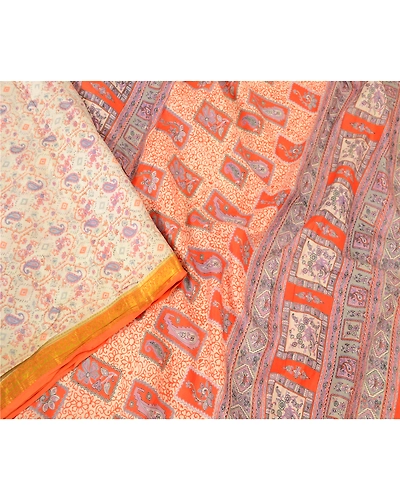 Sanskriti Vintage Sarees Ivory Pure Silk Printed Zari Border Sari Craft Fabric, PR-60975-Ivory-Printed Floral Design-Pure Silk-2