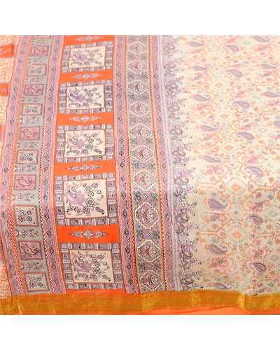 Sanskriti Vintage Sarees Ivory Pure Silk Printed Zari Border Sari Craft Fabric, PR-60975-Ivory-Printed Floral Design-Pure Silk-3