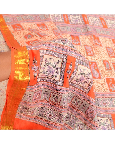 Sanskriti Vintage Sarees Ivory Pure Silk Printed Zari Border Sari Craft Fabric, PR-60975-Ivory-Printed Floral Design-Pure Silk-5
