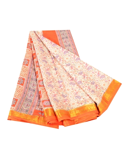Sanskriti Vintage Sarees Ivory Pure Silk Printed Zari Border Sari Craft Fabric, PR-60975-Ivory-Printed Floral Design-Pure Silk-6