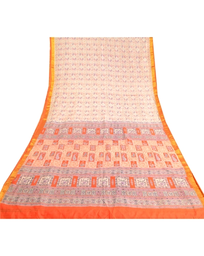 Sanskriti Vintage Sarees Ivory Pure Silk Printed Zari Border Sari Craft Fabric, PR-60975-Ivory-Printed Floral Design-Pure Silk-7