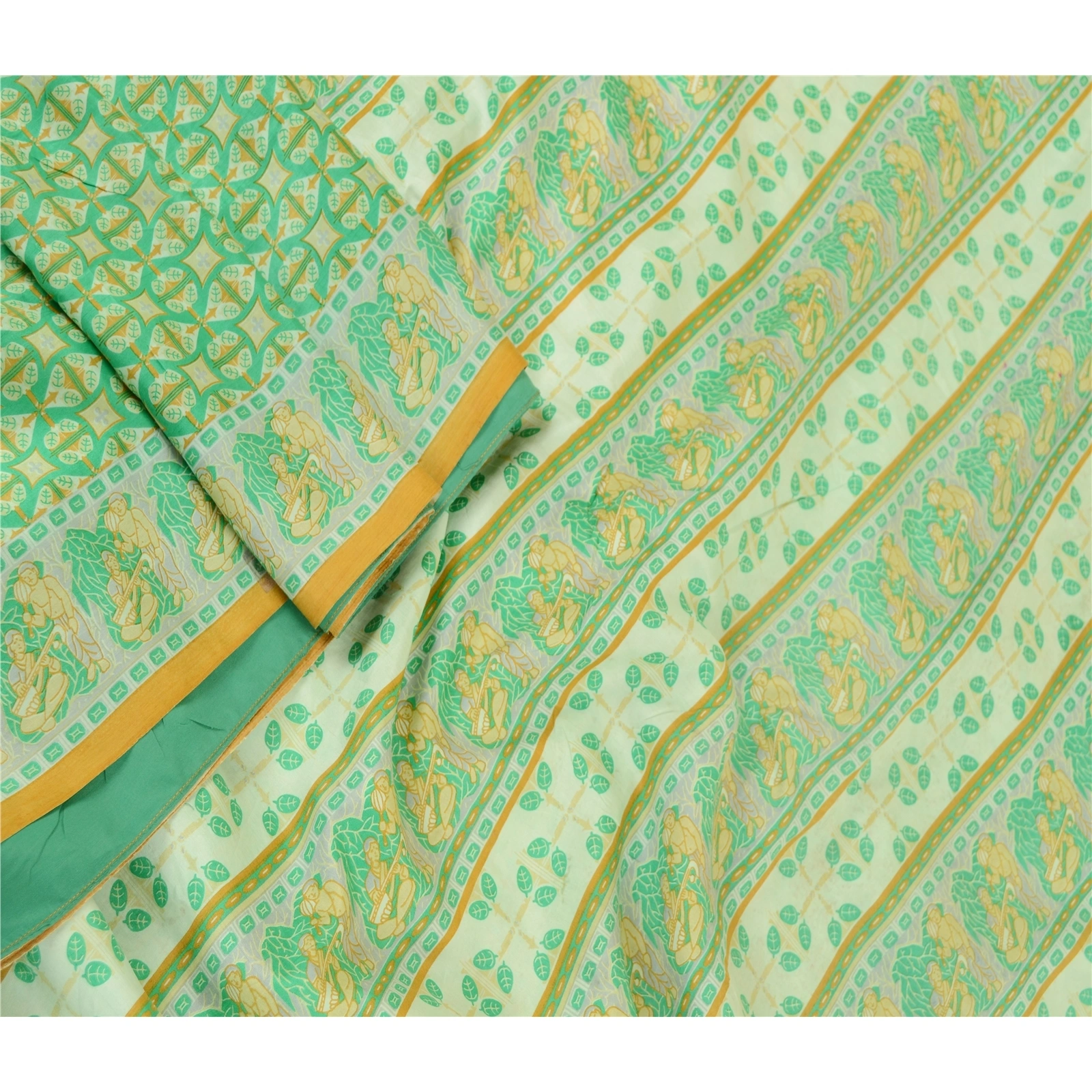 Sanskriti Vintage Sarees Green Human Printed 100% Pure Silk Sari Craft Fabric, PR-60982-Green-Printed Floral Design-Pure Silk-2