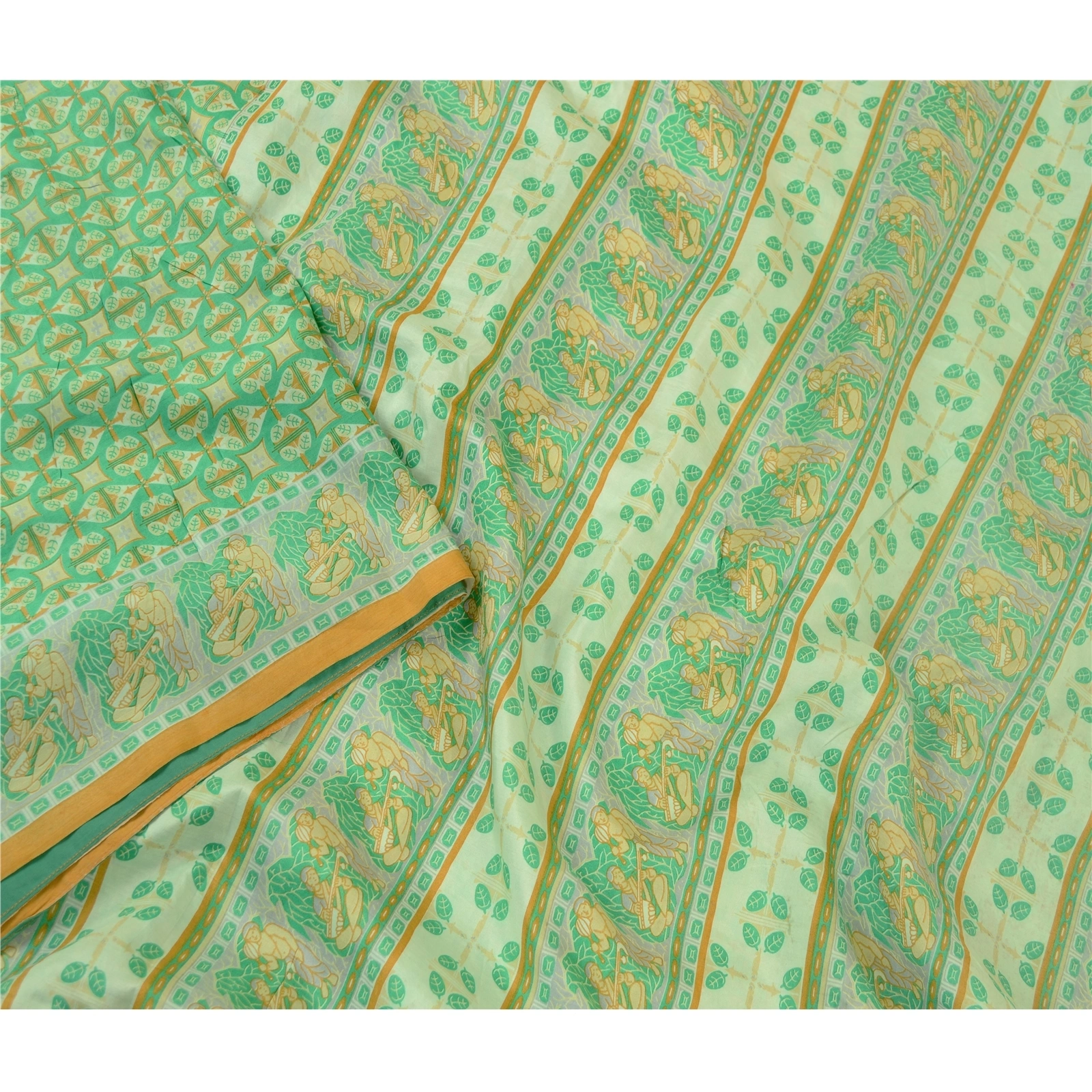 Sanskriti Vintage Sarees Green Human Printed 100% Pure Silk Sari Craft Fabric, PR-60982-Green-Printed Floral Design-Pure Silk-3