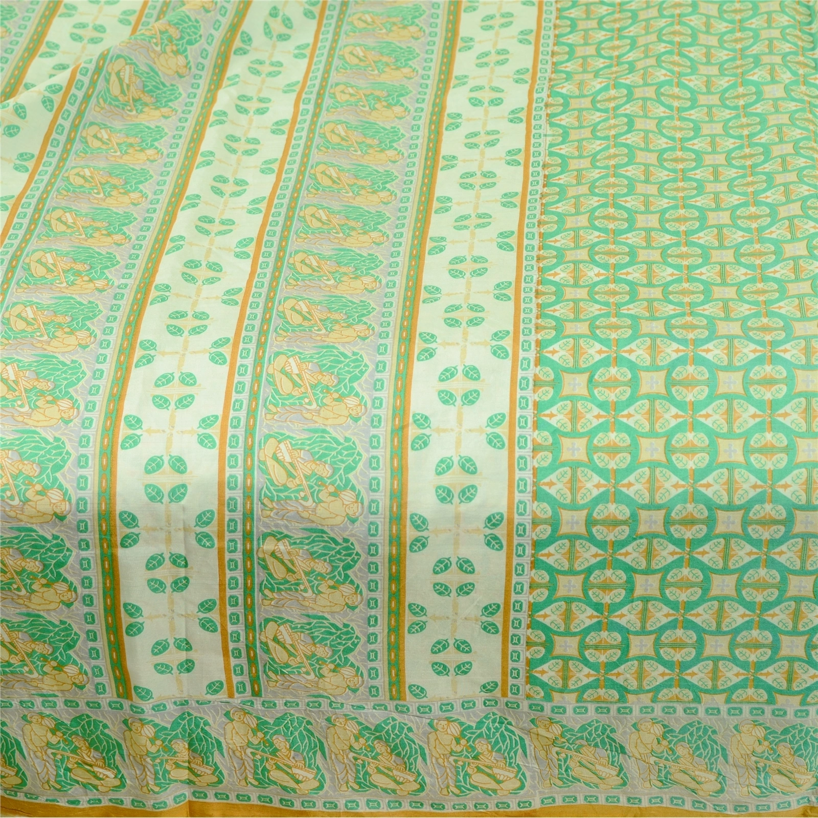 Sanskriti Vintage Sarees Green Human Printed 100% Pure Silk Sari Craft Fabric, PR-60982-Green-Printed Floral Design-Pure Silk-4