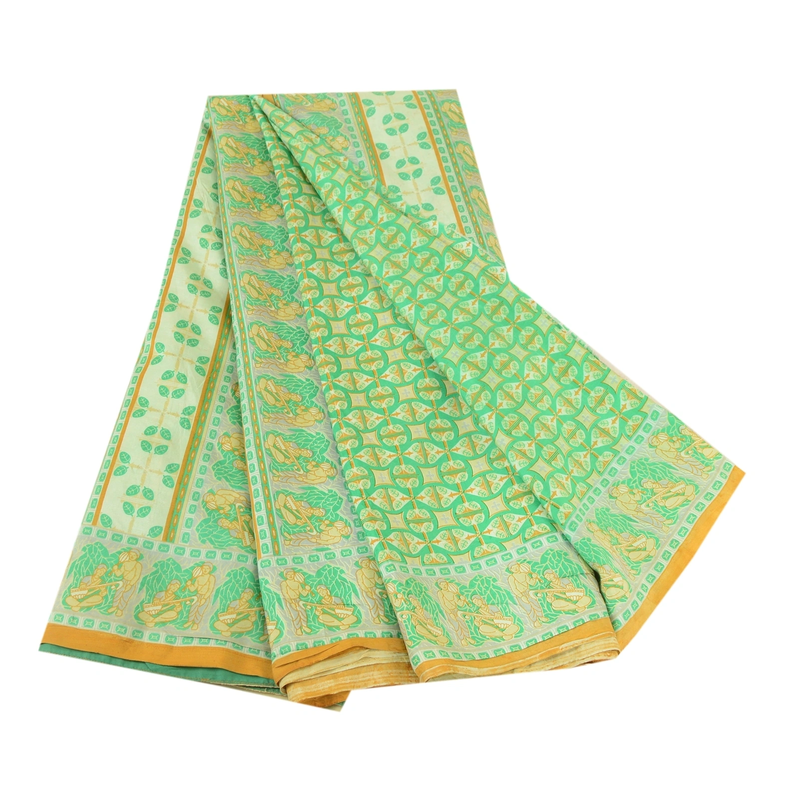 Sanskriti Vintage Sarees Green Human Printed 100% Pure Silk Sari Craft Fabric, PR-60982-Green-Printed Floral Design-Pure Silk-7