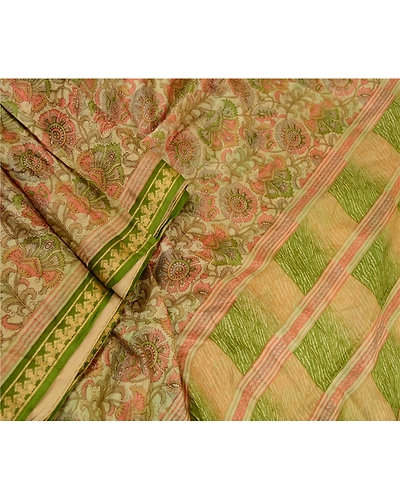 Sanskriti Vintage Sarees Indian 100% Cream Pure Silk Printed Sari Craft Fabric, PR-61038-Cream-Printed Floral Design-Pure Silk-1