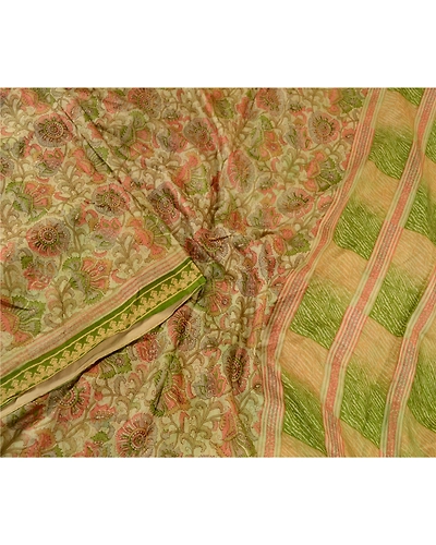 Sanskriti Vintage Sarees Indian 100% Cream Pure Silk Printed Sari Craft Fabric, PR-61038-Cream-Printed Floral Design-Pure Silk-2