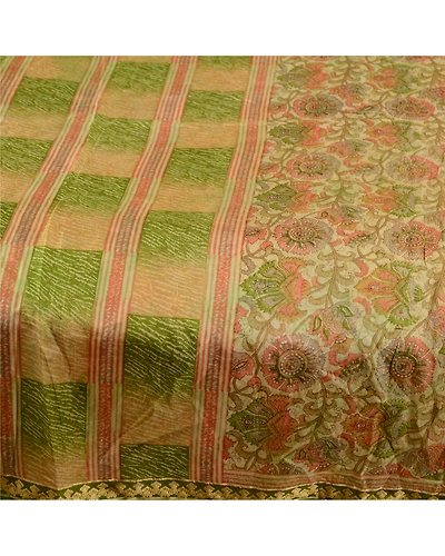 Sanskriti Vintage Sarees Indian 100% Cream Pure Silk Printed Sari Craft Fabric, PR-61038-Cream-Printed Floral Design-Pure Silk-3
