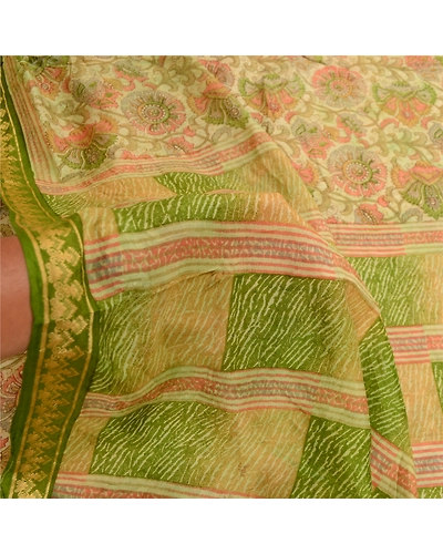 Sanskriti Vintage Sarees Indian 100% Cream Pure Silk Printed Sari Craft Fabric, PR-61038-Cream-Printed Floral Design-Pure Silk-5