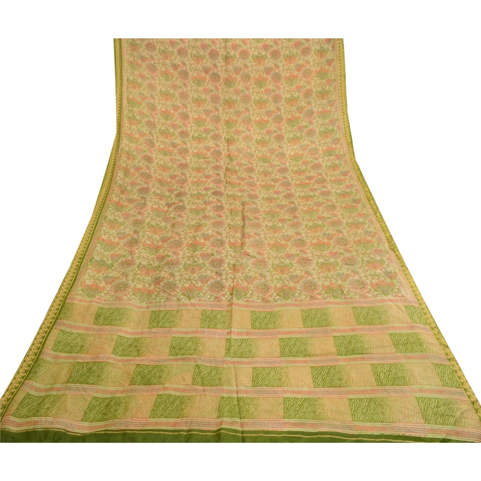 Sanskriti Vintage Sarees Indian 100% Cream Pure Silk Printed Sari Craft Fabric, PR-61038-Cream-Printed Floral Design-Pure Silk-7