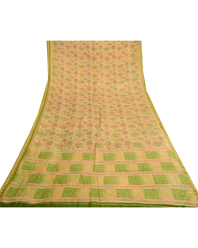 Sanskriti Vintage Sarees Indian 100% Cream Pure Silk Printed Sari Craft Fabric, PR-61038-Cream-Printed Floral Design-Pure Silk-7