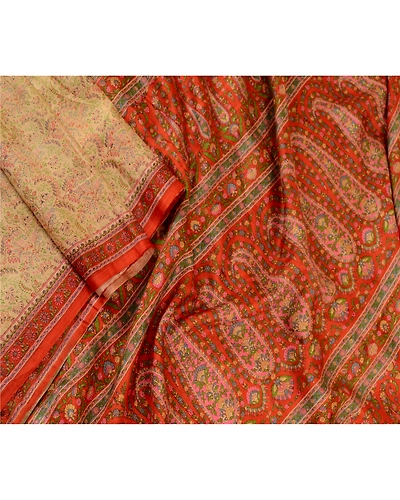 Sanskriti Vintage Sarees Indian Cream Pure Silk Printed Sari 5Yd Craft Fabric, PR-61040-Cream-Printed Floral Design-Pure Silk-1