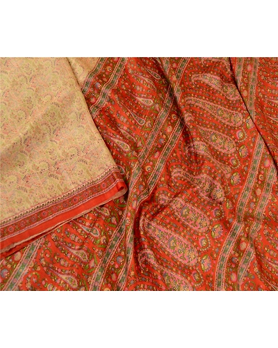Sanskriti Vintage Sarees Indian Cream Pure Silk Printed Sari 5Yd Craft Fabric, PR-61040-Cream-Printed Floral Design-Pure Silk-2