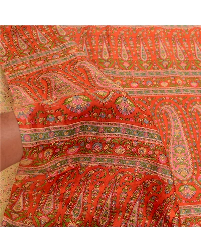 Sanskriti Vintage Sarees Indian Cream Pure Silk Printed Sari 5Yd Craft Fabric, PR-61040-Cream-Printed Floral Design-Pure Silk-5