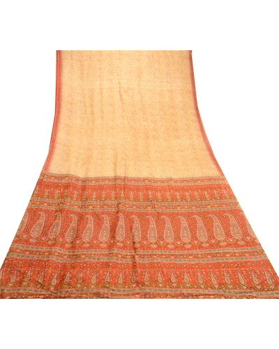 Sanskriti Vintage Sarees Indian Cream Pure Silk Printed Sari 5Yd Craft Fabric, PR-61040-Cream-Printed Floral Design-Pure Silk-7