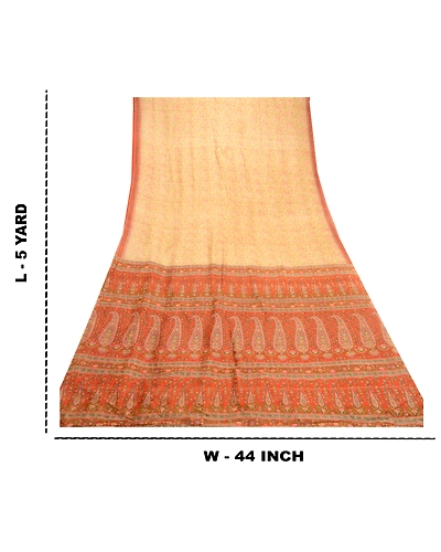 Sanskriti Vintage Sarees Indian Cream Pure Silk Printed Sari 5Yd Craft Fabric, PR-61040-Cream-Printed Floral Design-Pure Silk-8
