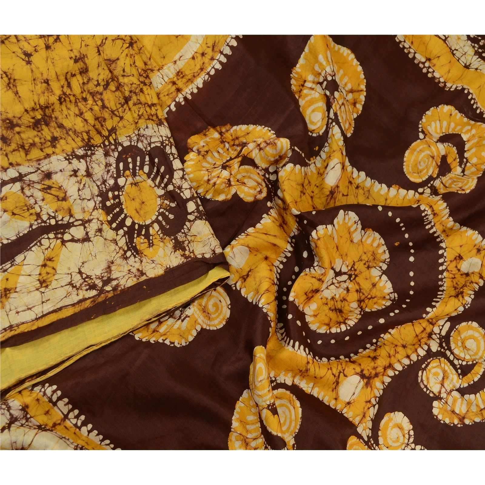 Sanskriti Vintage Sarees Batik Printed Yellow Pure Silk Sari Soft Craft Fabric, PR-61054-Yellow-Printed Floral Design-Pure Silk-2