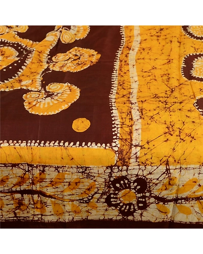 Sanskriti Vintage Sarees Batik Printed Yellow Pure Silk Sari Soft Craft Fabric, PR-61054-Yellow-Printed Floral Design-Pure Silk-3