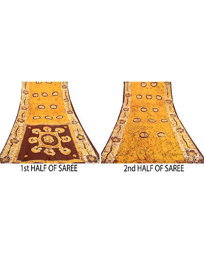 Sanskriti Vintage Sarees Batik Printed Yellow Pure Silk Sari Soft Craft Fabric, PR-61054-Yellow-Printed Floral Design-Pure Silk-4