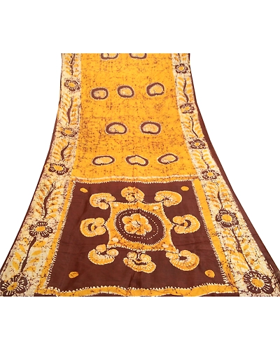 Sanskriti Vintage Sarees Batik Printed Yellow Pure Silk Sari Soft Craft Fabric, PR-61054-Yellow-Printed Floral Design-Pure Silk-7