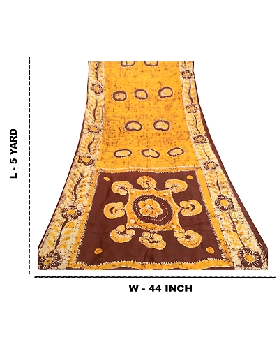 Sanskriti Vintage Sarees Batik Printed Yellow Pure Silk Sari Soft Craft Fabric, PR-61054-Yellow-Printed Floral Design-Pure Silk-8