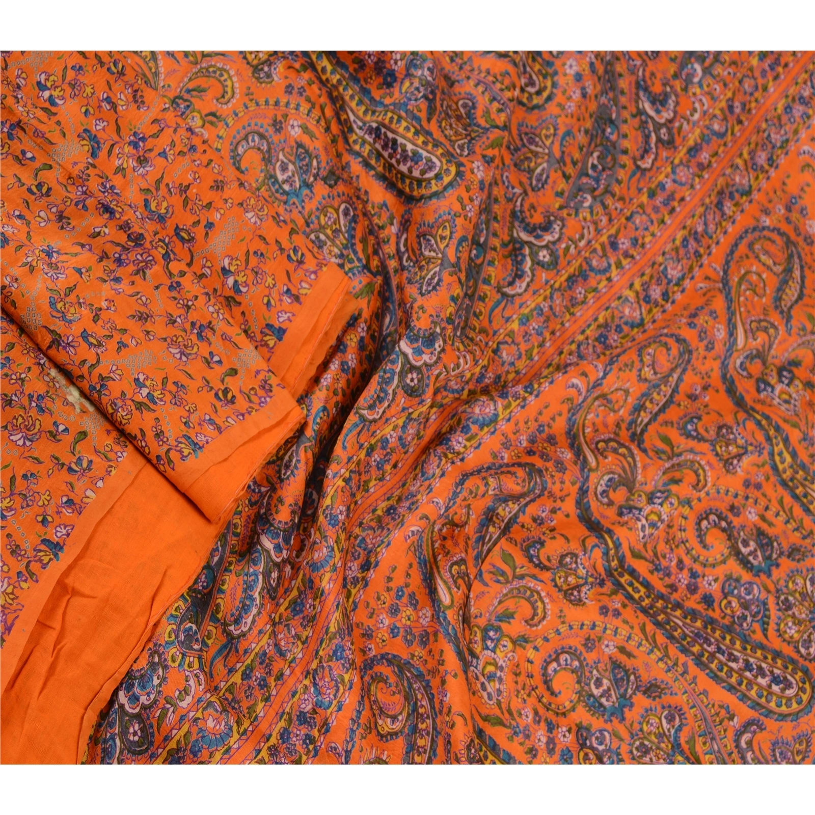 Sanskriti Vintage Sarees From India Orange Printed Pure Silk Sari Craft Fabric, PR-61058-Orange-Printed Floral Design-Pure Silk-1