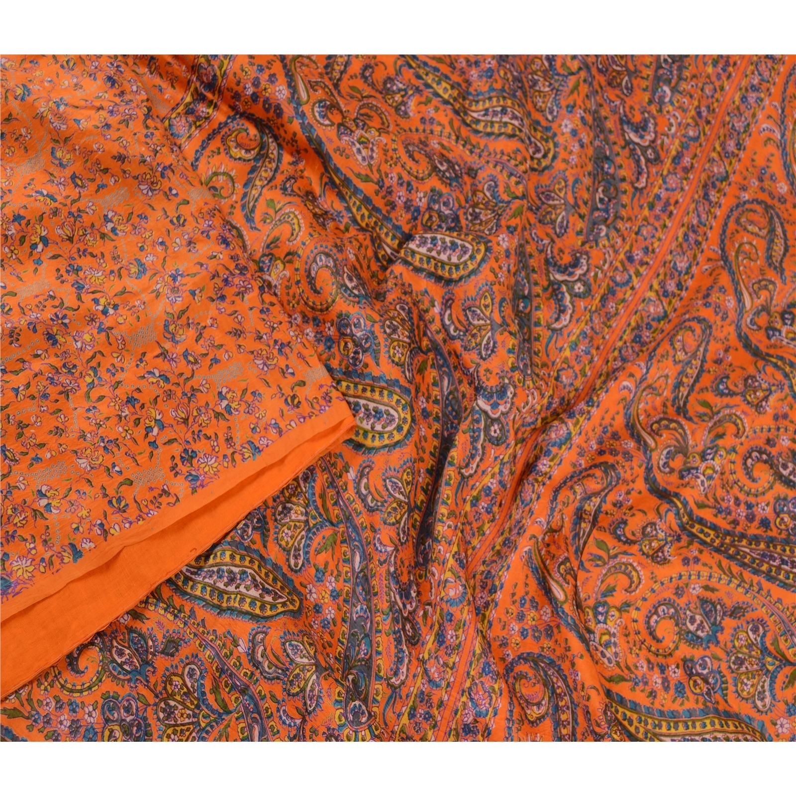 Sanskriti Vintage Sarees From India Orange Printed Pure Silk Sari Craft Fabric, PR-61058-Orange-Printed Floral Design-Pure Silk-2