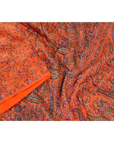 Sanskriti Vintage Sarees From India Orange Printed Pure Silk Sari Craft Fabric, PR-61058-Orange-Printed Floral Design-Pure Silk-2