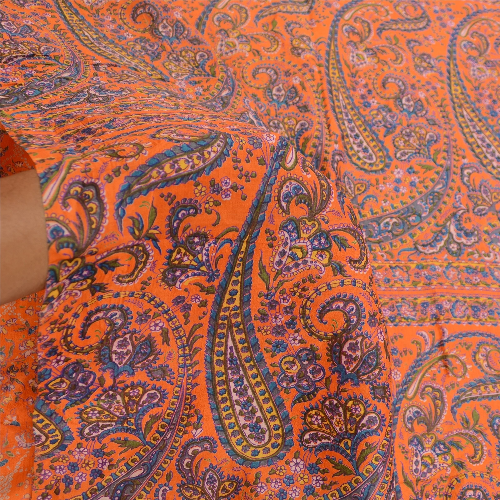 Sanskriti Vintage Sarees From India Orange Printed Pure Silk Sari Craft Fabric, PR-61058-Orange-Printed Floral Design-Pure Silk-5