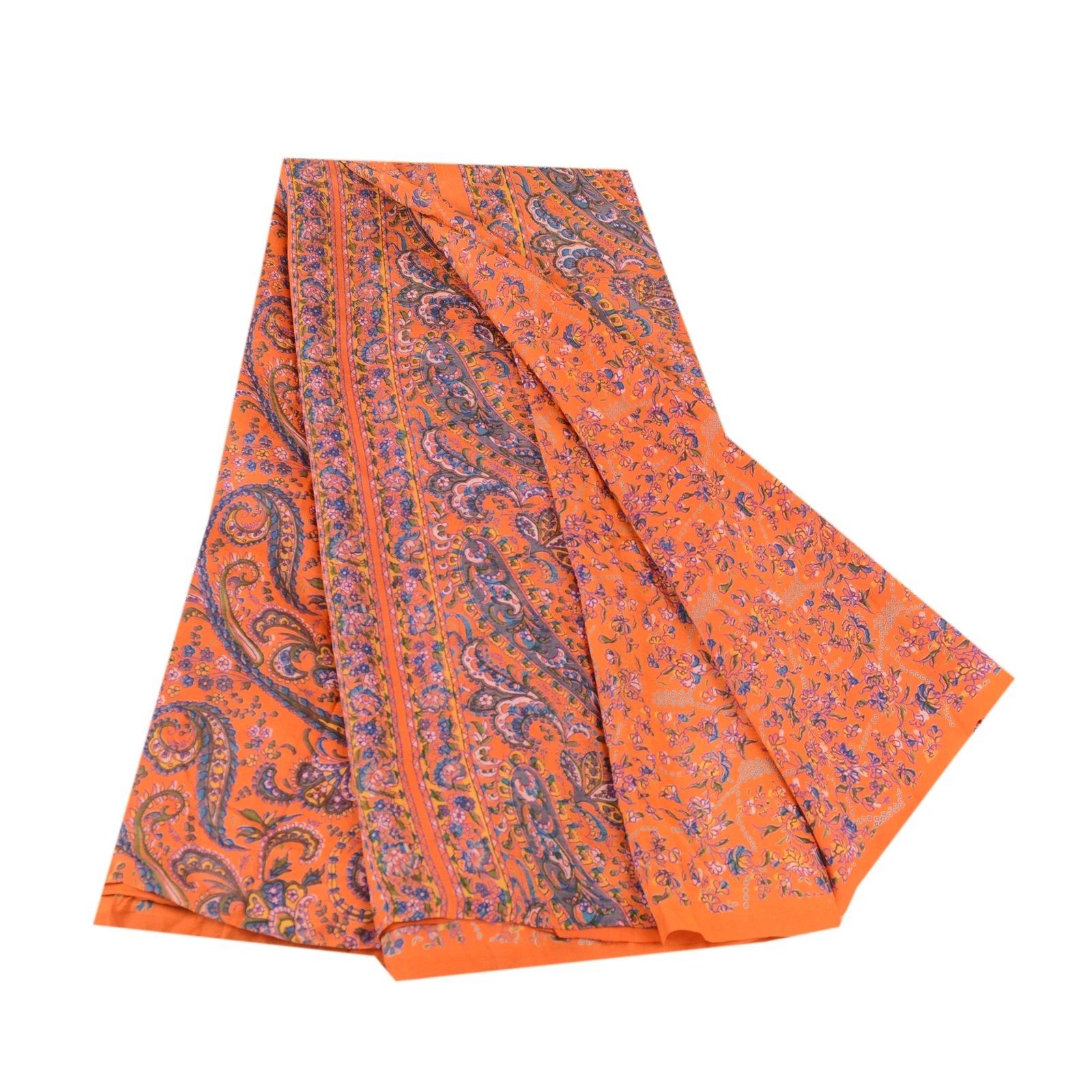 Sanskriti Vintage Sarees From India Orange Printed Pure Silk Sari Craft Fabric, PR-61058-Orange-Printed Floral Design-Pure Silk-6