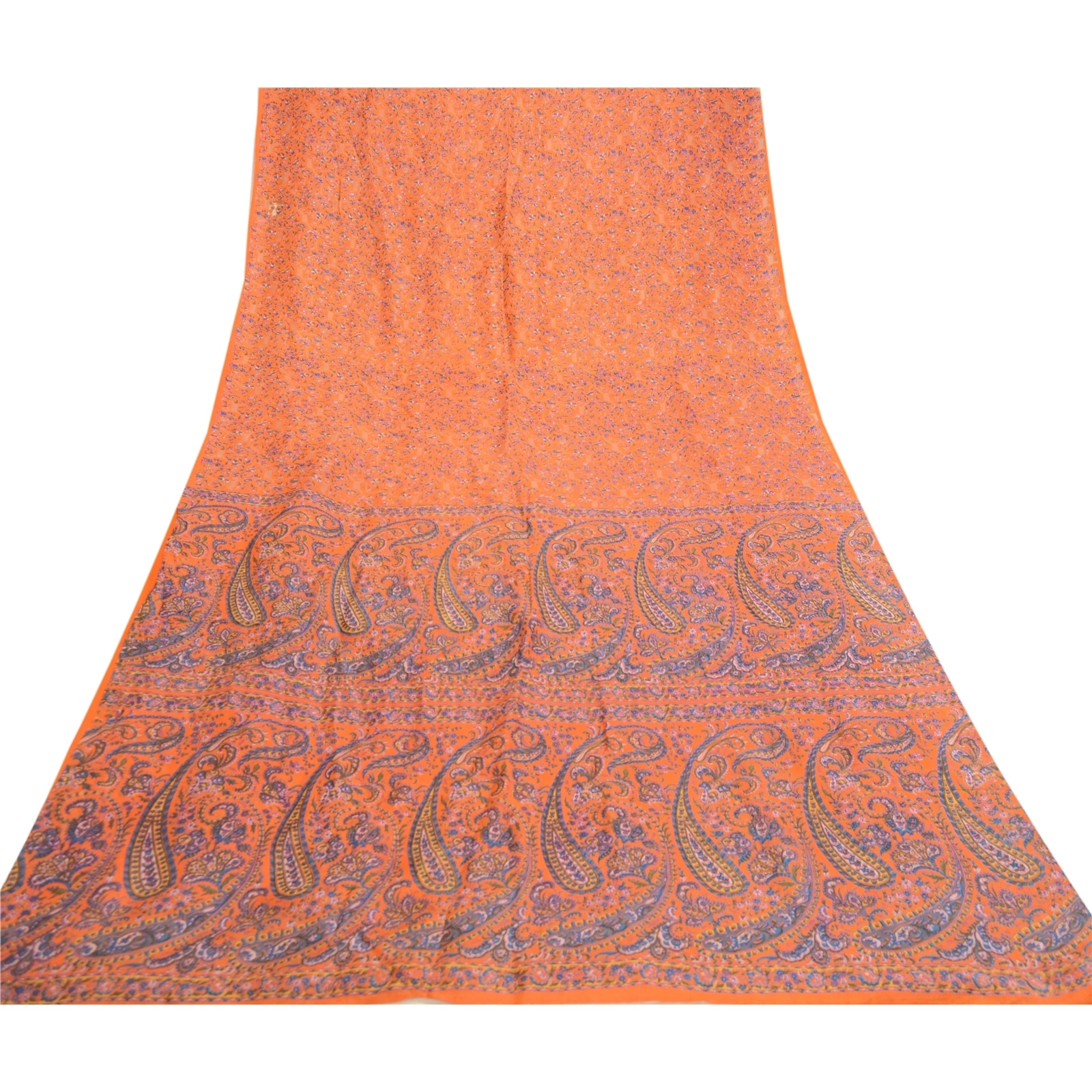 Sanskriti Vintage Sarees From India Orange Printed Pure Silk Sari Craft Fabric, PR-61058-Orange-Printed Floral Design-Pure Silk-7