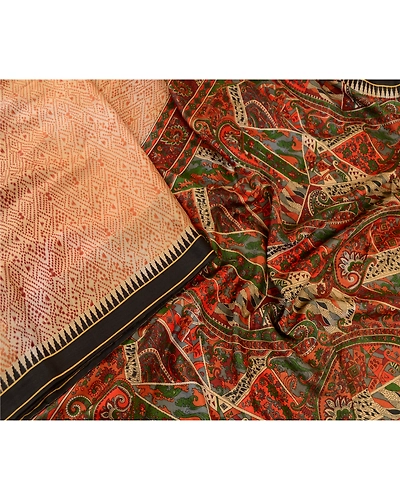 Sanskriti Vintage Sarees Indian Cream 100% Pure Silk Printed Sari Craft Fabric, PR-61060-Cream-Printed Floral Design-Pure Silk-2