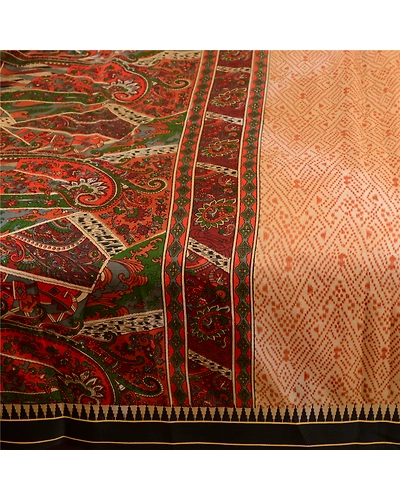 Sanskriti Vintage Sarees Indian Cream 100% Pure Silk Printed Sari Craft Fabric, PR-61060-Cream-Printed Floral Design-Pure Silk-3