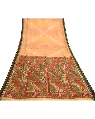 Sanskriti Vintage Sarees Indian Cream 100% Pure Silk Printed Sari Craft Fabric, PR-61060-Cream-Printed Floral Design-Pure Silk-7