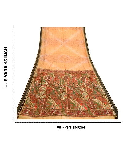 Sanskriti Vintage Sarees Indian Cream 100% Pure Silk Printed Sari Craft Fabric, PR-61060-Cream-Printed Floral Design-Pure Silk-8