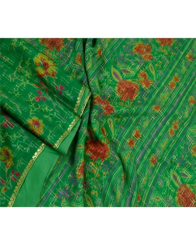 Sanskriti Vintage Sarees Green Pure Chinon Silk Printed Woven Sari Craft Fabric, PR-61091-Green-Printed Floral Design-Pure Chinon Silk-1