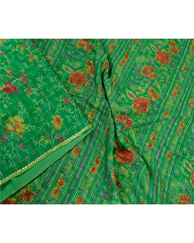Sanskriti Vintage Sarees Green Pure Chinon Silk Printed Woven Sari Craft Fabric, PR-61091-Green-Printed Floral Design-Pure Chinon Silk-2